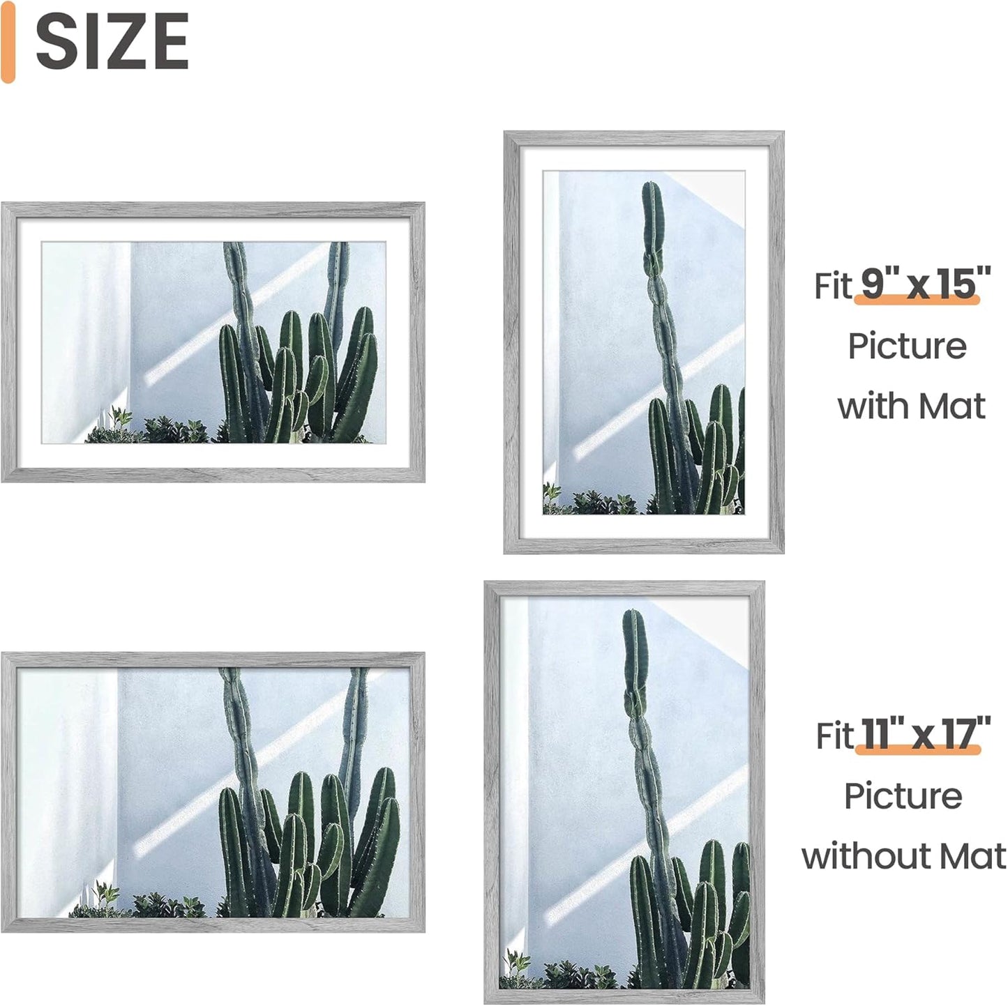 Upsimples 11x17 Picture Frame - Versatile Display for 9x15 with Mat or 11x17 Without - Gray, 1 Pack
