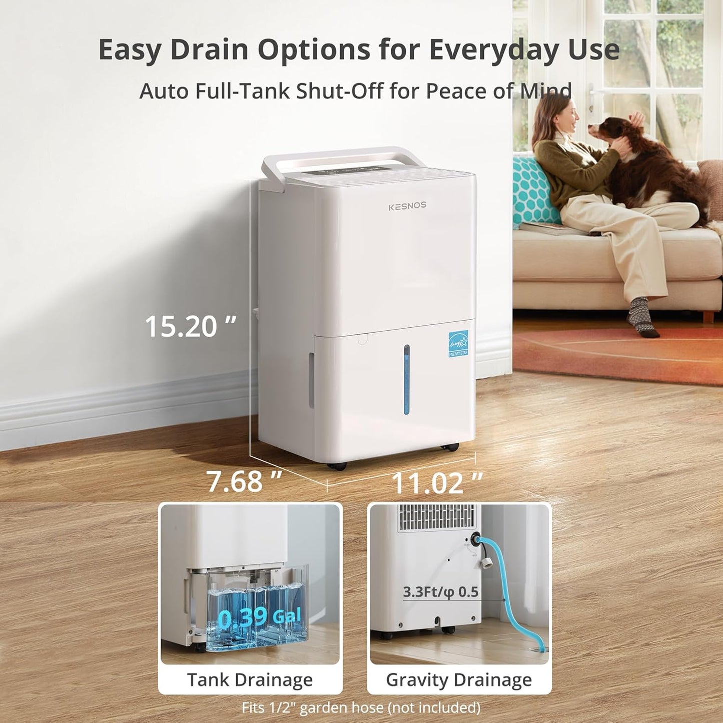 Kesnos Dehumidifier - Energy Star 2025 for Home & Basement | Ultra Quiet 36 dB, 0.39-Gallon Tank, 4 Modes