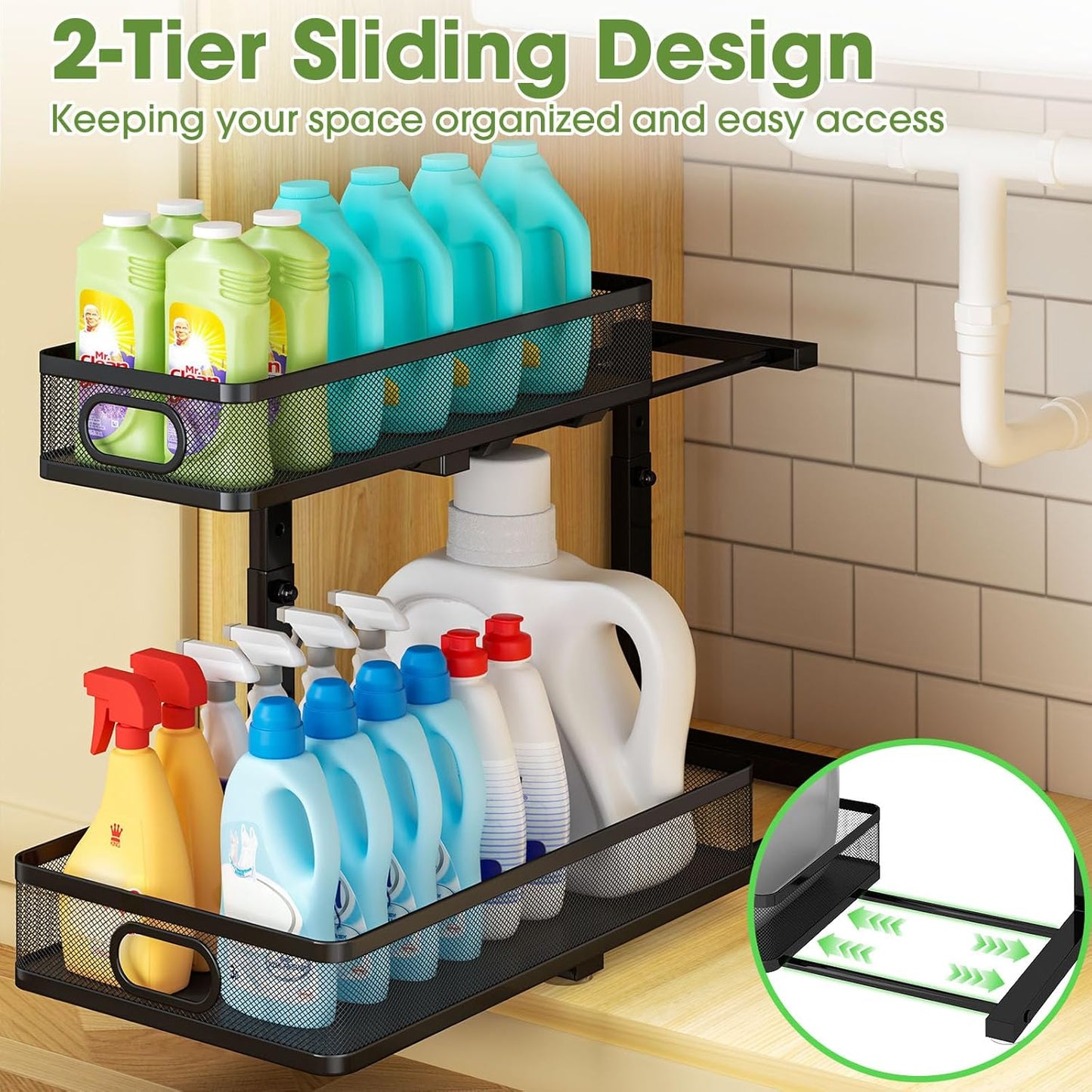 Under Sink Organizer by [Brand Name] - 2-Tier Metal Pull-Out Cabinet Shelf with Adjustable Height | Space-Saving Storage for Kitchen & Bathroom