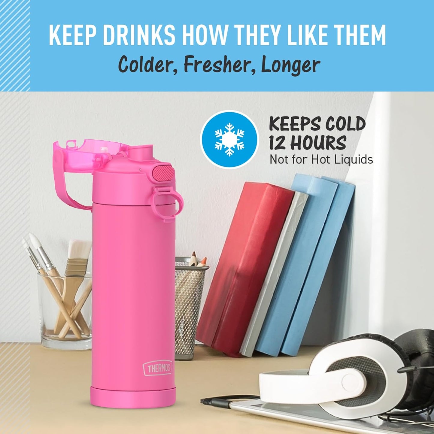 THERMOS FUNTAINER 16 Ounce Vacuum Insulated Stainless Steel Bottle - Wide Spout Lid, Neon Pink
