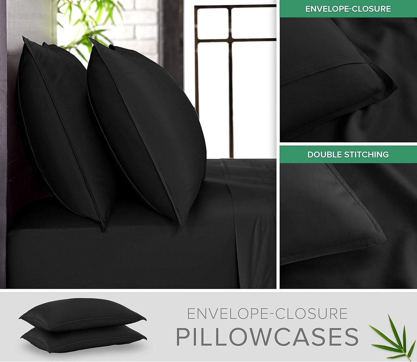 Pure Bamboo Split King Sheets - 100% Organic Viscose Bed Sheet Set, Soft & Cooling, Black