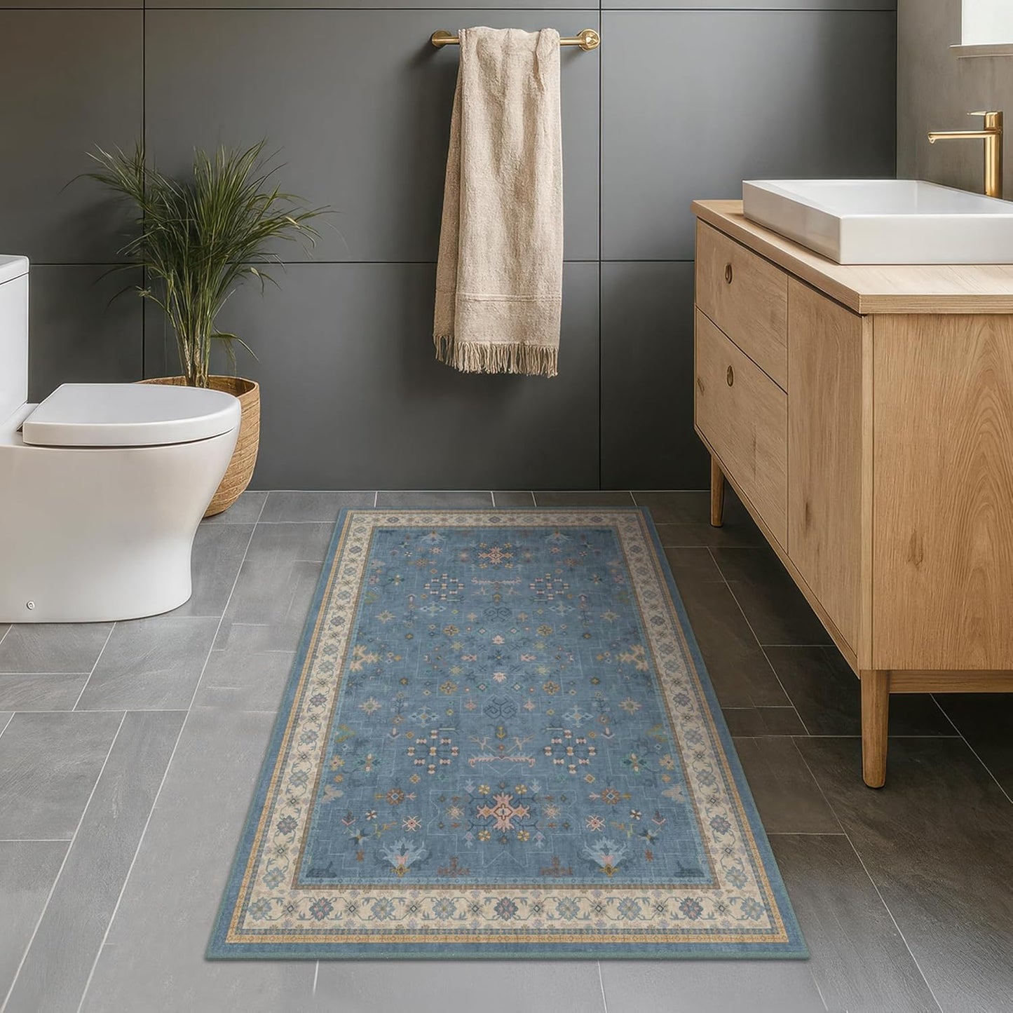 Skiennix Washable 3x6 Throw Rug - Blue Non-Slip Indoor Rug for Kitchen, Entryway, Bedroom, Boho Décor