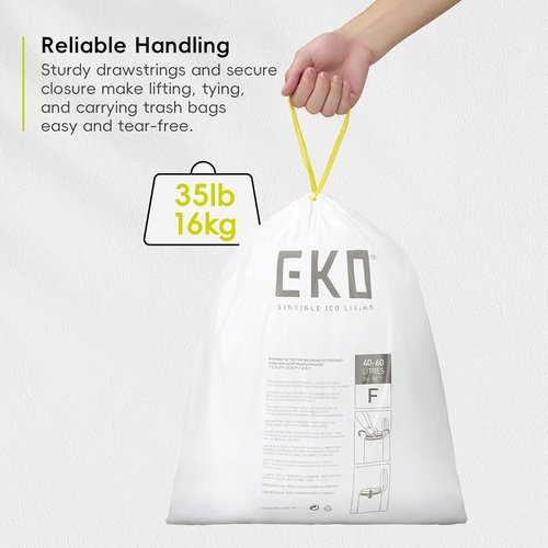 EKO 13 Gallon Drawstring Trash Bags - Extra-Strong Unscented, Leak-Resistant | 60 Count Roll for Kitchen & Household Use