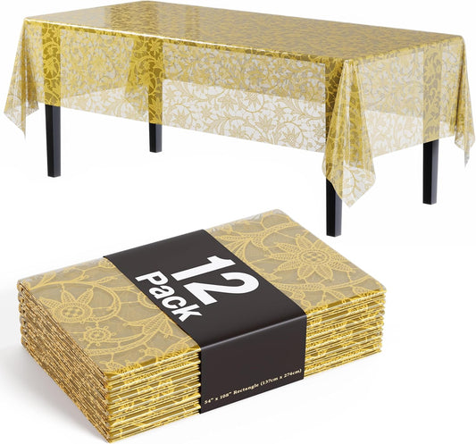 Disposable Clear & Gold Floral Lace Tablecloths - 12-Pack Rectangular 54" x 108" for Party Decor