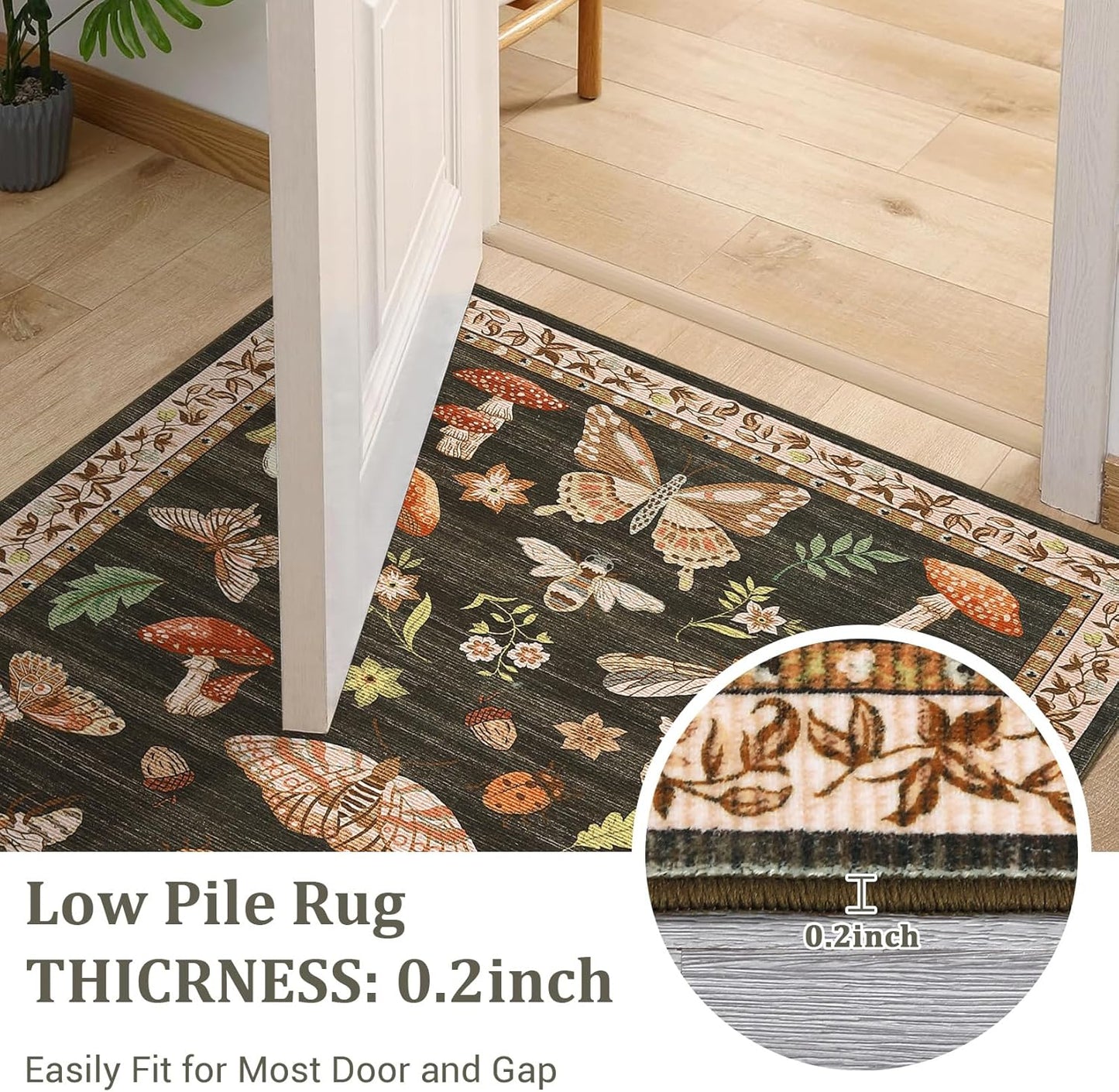 Mushroom Small Rug - Washable Non-Slip Door Mat | Ultra-Thin Stain Resistant 2x3 for Entryway, Kitchen, Bedroom