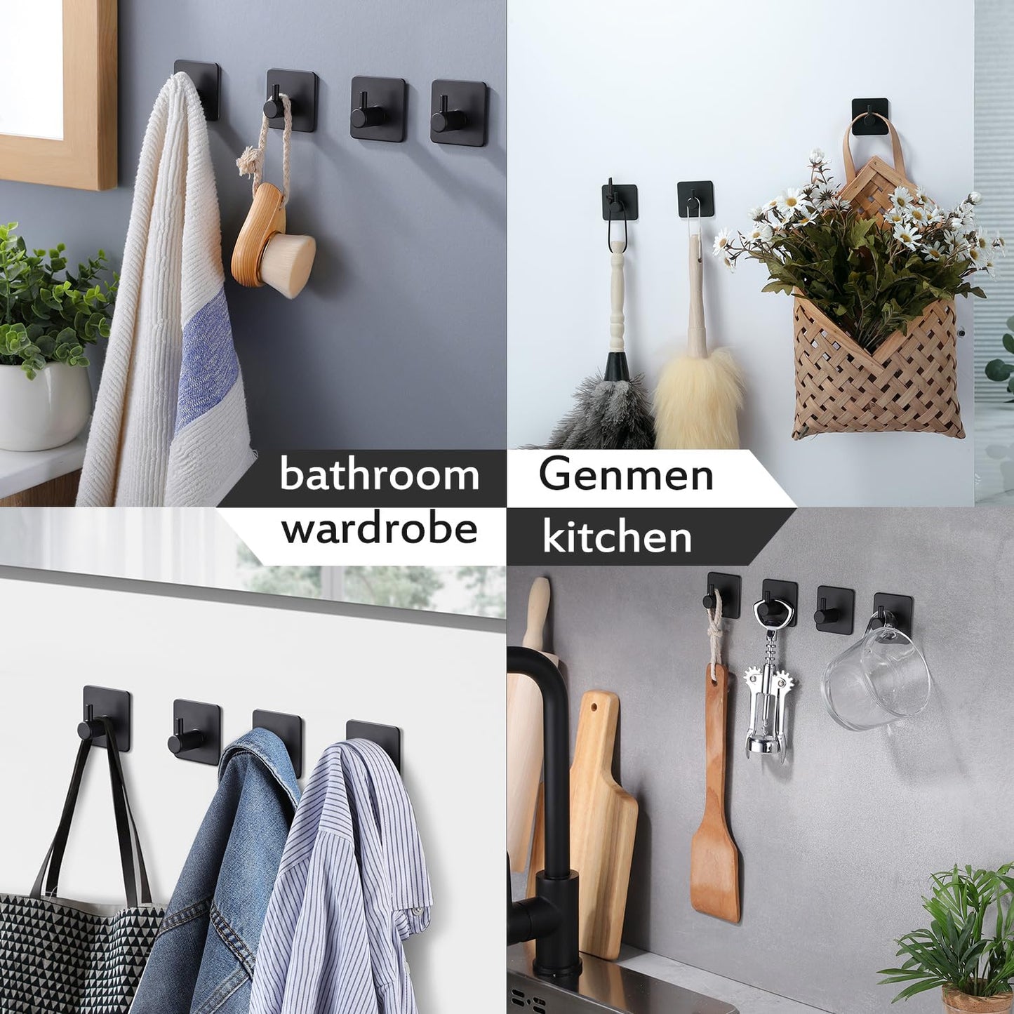 YIGII Adhesive Hooks/Towel Hook - Wall Hooks Stick on Heavy Duty for Hanging Towels/Coat/Hat/Bag in Bathroom, Bedroom, Dorm, SUS-304 Stainless Steel Matte Black 4 Packs