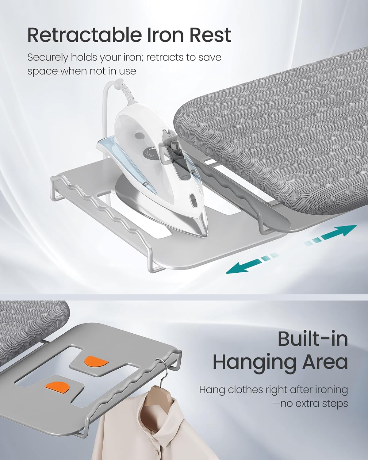 SONGMICS Ironing Board - Foldable & Height Adjustable with Retractable Iron Rest - 43 x 13 Inches, Dove Gray