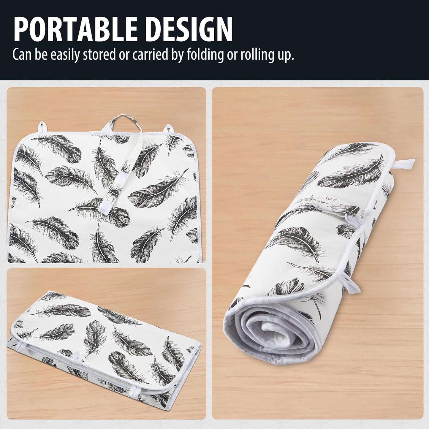 Seiritex Ironing Mat - Portable 5-in-1 Ironing Pad | 39.4 x 18.9 Inch Travel Blanket - Black Feather Design