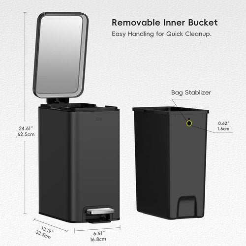 EKO Small Bathroom Trash Can - Soft Close Lid & Step Pedal | 10L Stainless Steel, Matte Black