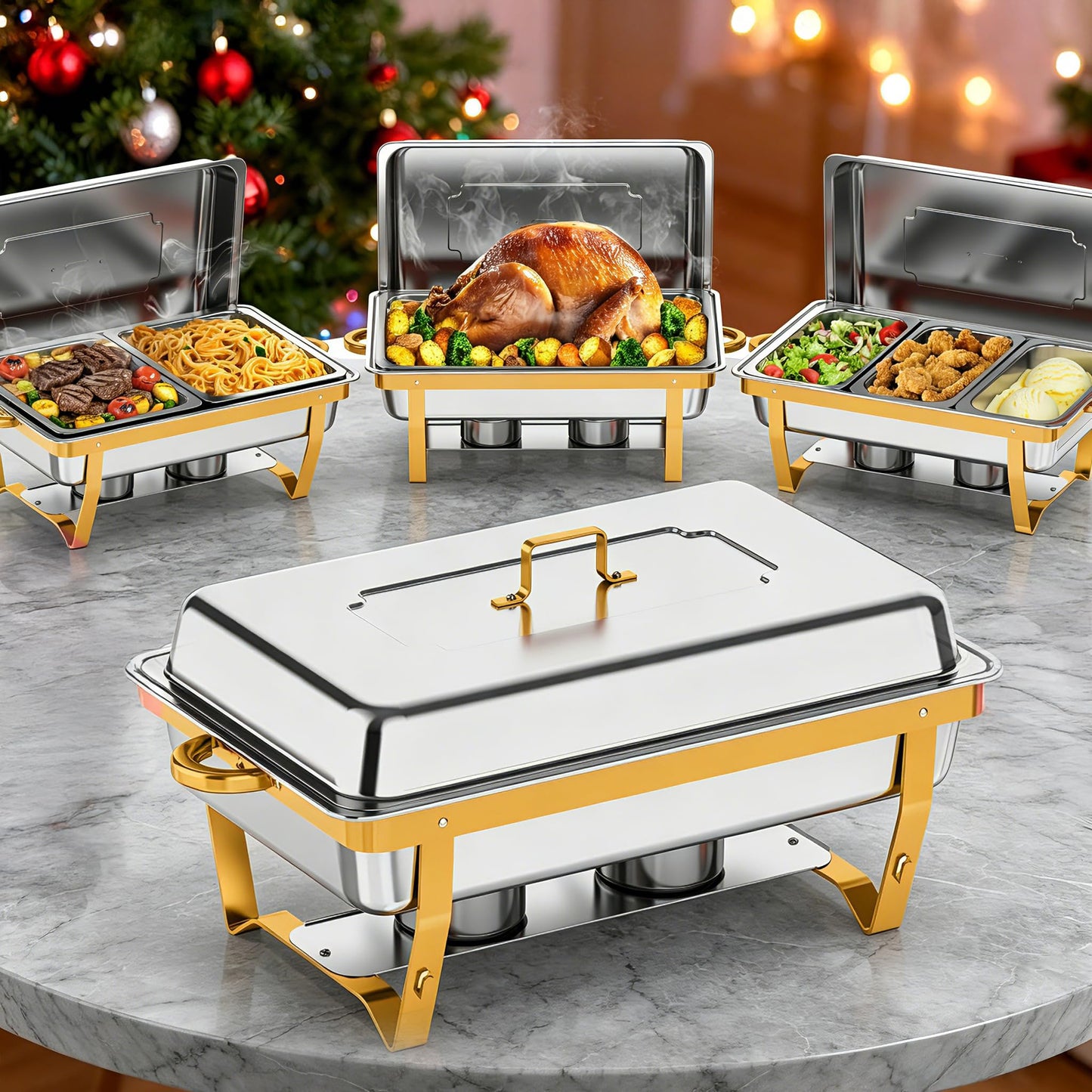 4 Pack Chafing Dishes for Buffet (Full 1/2 1/3 Size Pan), 9QT Chafing Dish Buffet Set Stainless Steel Buffet Food Warmers Sets for Catering Events Parties Dinners （Gold Silver）