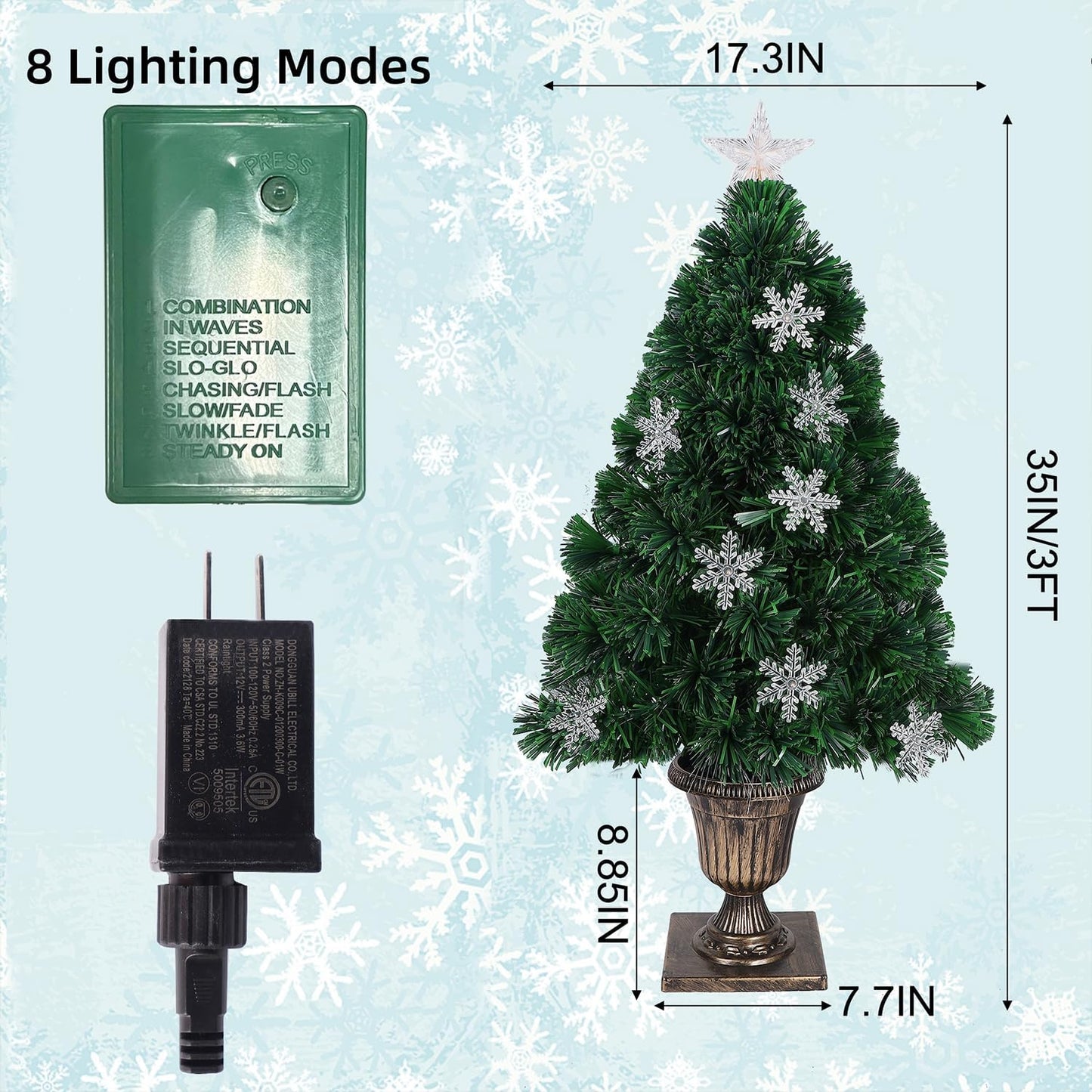 Juegoal Pre-Lit Artificial Christmas Trees - 3 FT Lighted Green Fiber Optic Entrance Trees with Gold Urn Base | 8 Lighting Modes & 110 Branch Tips for Festive Holiday Decor