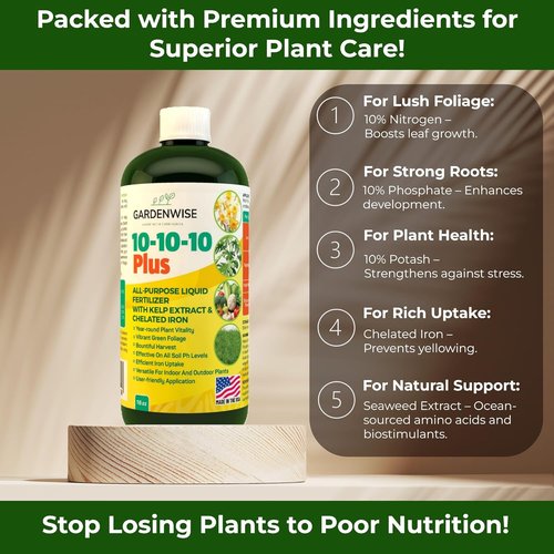 GardenWise 10-10-10 All-Purpose Plant Food - Liquid Fertilizer with Seaweed Kelp & Iron | 8oz for Indoor & Outdoor Use
