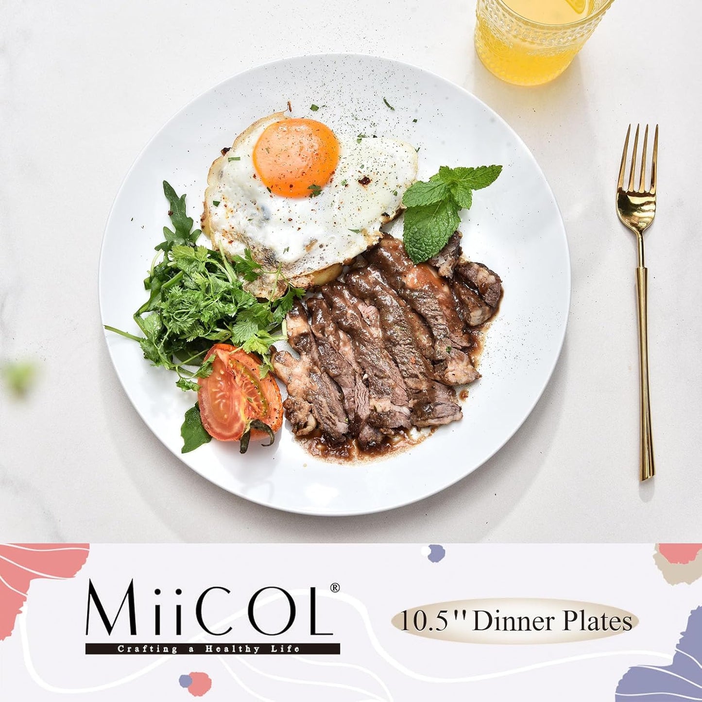 Miicol Ceramic Dinner Plates - Set of 4 Large 10.5-Inch White Porcelain Dishes | Microwave & Dishwasher Safe