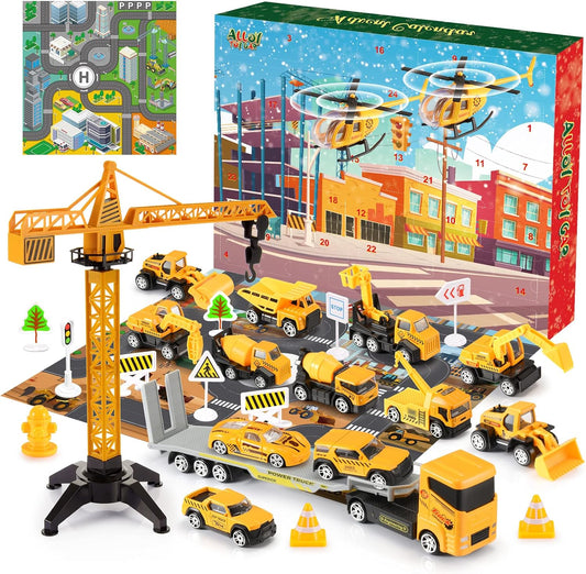 Advent Calendar - Alloy Construction Engineering Vehicle Toy Set with 2 Mats | Christmas Gifts for Boys Ages 3-8 (Yellow)