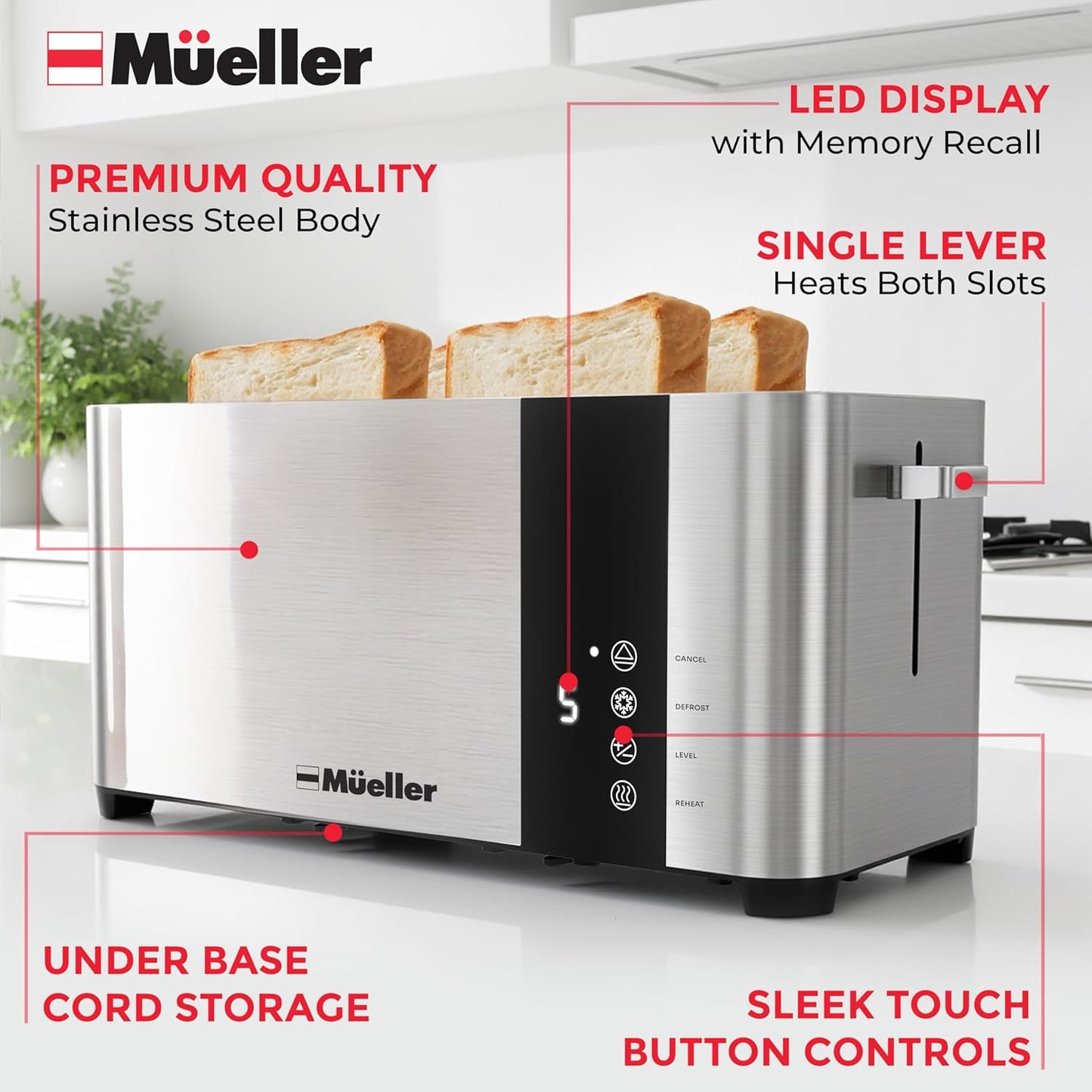 Mueller UltraToast 4-Slice Stainless Steel Toaster - Extra-Wide Slots for Artisan Bread & Bagels, 6 Browning Levels, LED Display