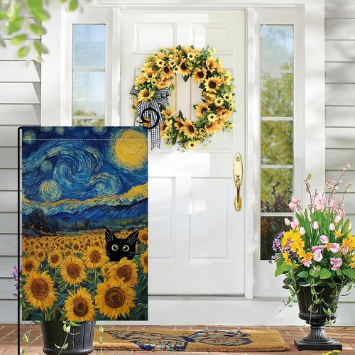 BLKWHT Cat Garden Flag - Summer Sunflower Design, Double-Sided, 12x18 Inches | Blue Sky Welcome Decor