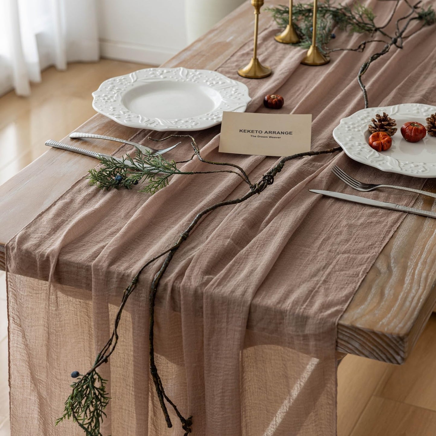 Keketoarrange 6pcs Cheesecloth Table Runner Nude Gauze Rustic Boho Coffee Cheese Cloth 120 Inch 10 FT for Wedding Baby Shower Bridal Shower Birthday Party Long Sheer Farmhouse Home Decorations