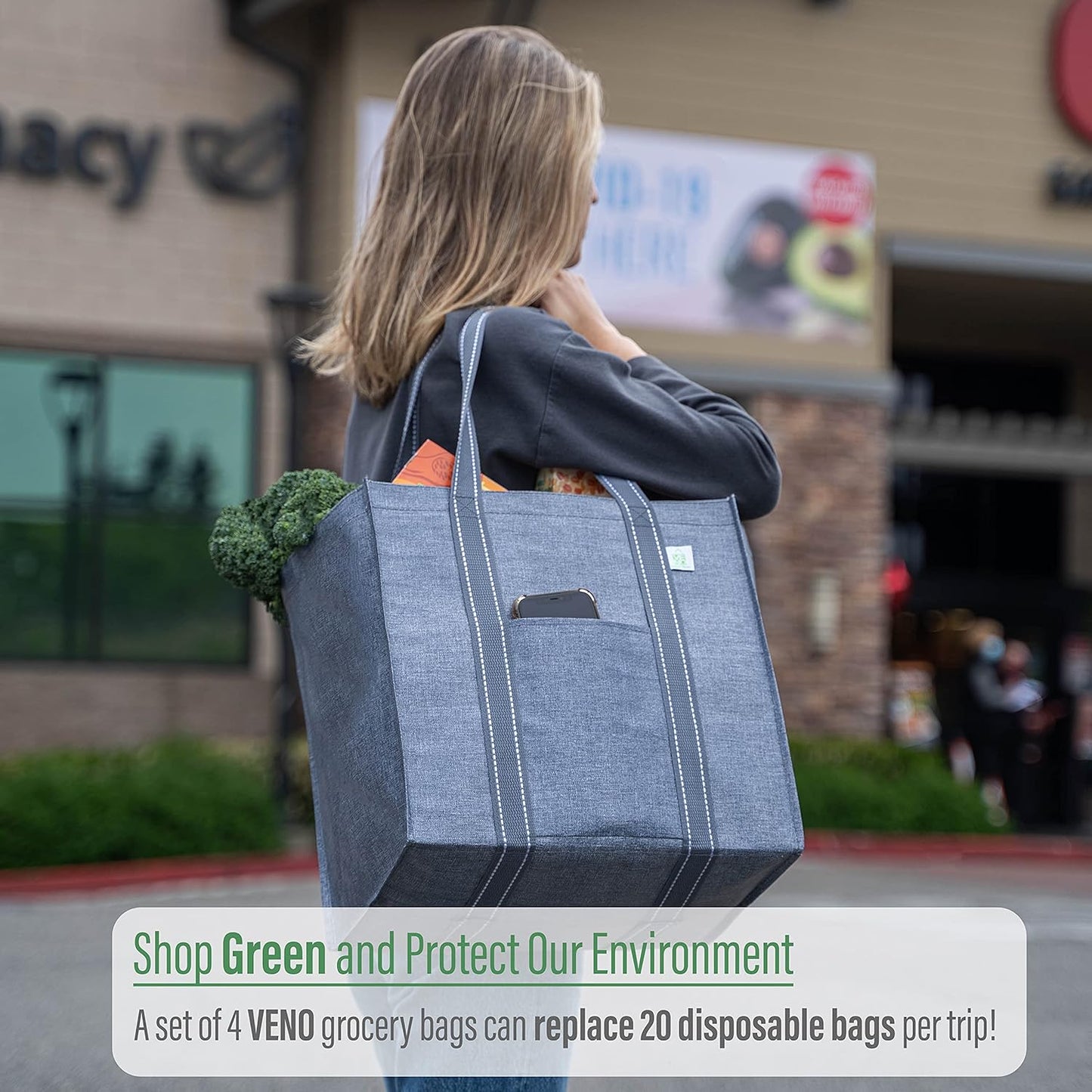 VENO Reusable Grocery Bags - Heavy-Duty Shopping Bags with Handles | Foldable, Hard Bottom, Gray (4 Pack)