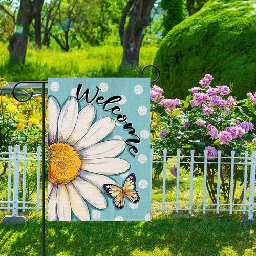 Artofy Welcome Spring Summer Daisy Flower Small Decorative Garden Flag, Floral Butterfly Blue Yard Lawn Outside Decor, Polka Dots Seasonal Burlap Outdoor Home Decoration Double Sided 12 x 18