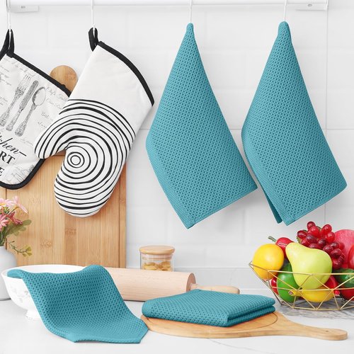 Homaxy Kitchen Dish Cloths - Ultra Soft 100% Cotton Waffle Weave, Quick Drying, 12 x 12 Inches, 6-Pack, Lake Blue