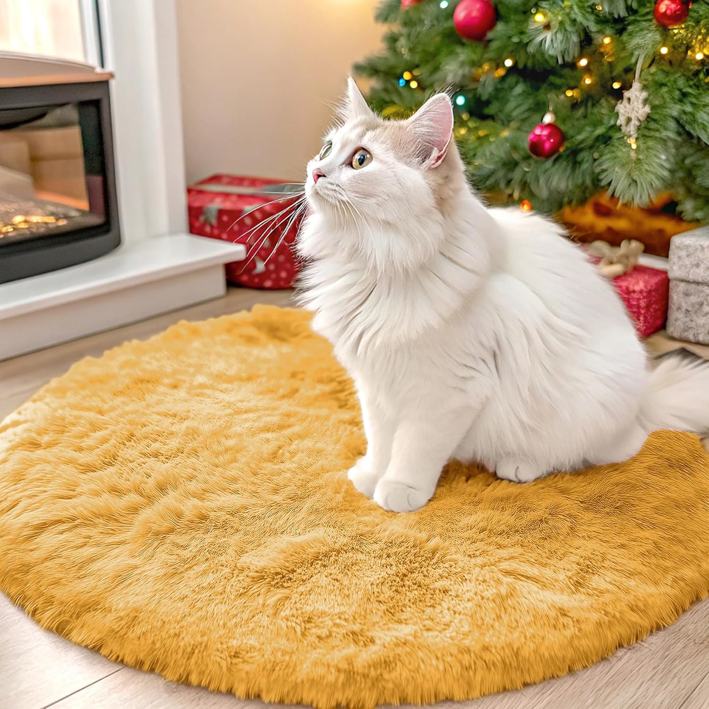 OLANLY Mustard Yellow Round Rug - Soft, Fluffy Shaggy Carpet for Bedroom | 2 ft Circle Area Rug