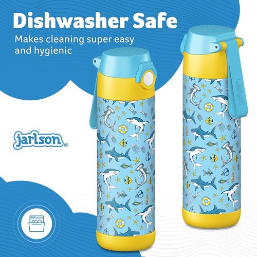 Jarlson® Kids Water Bottle MALI 18oz - Insulated Stainless Steel, Leak-Proof Design for School & Sports - Shark Print