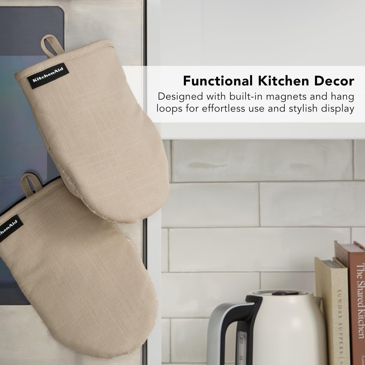 KITCHENAID Gourmet Series Gridlines Mini Oven Mitts 2-Pack Set, Heat Resistant up to 600°F, Soft Silicone Grip, Magnetic Cuff, Milkshake Tan, 5.5"x9"