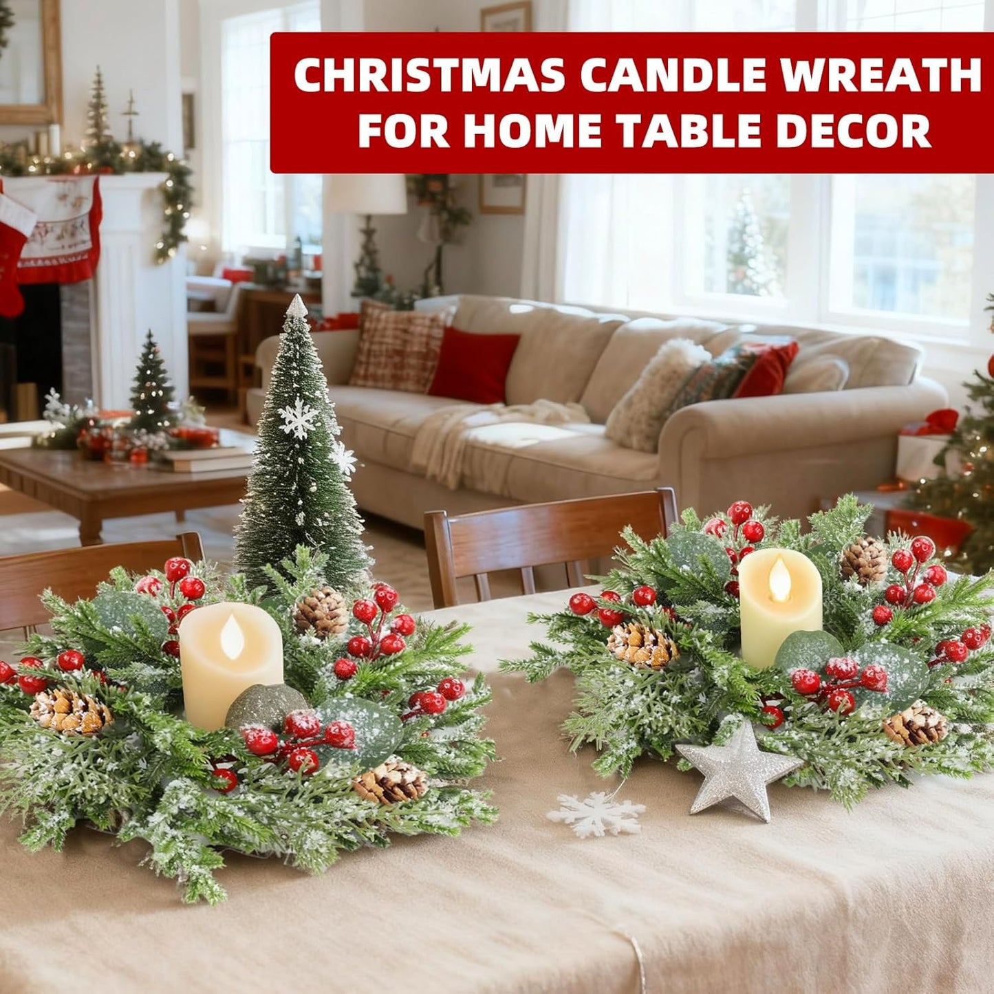 Skiennix Flocked Christmas Candle Rings - Mini Wreaths with Snowy Pinecones & Red Berries | 10"x3.5" Centerpiece Decor