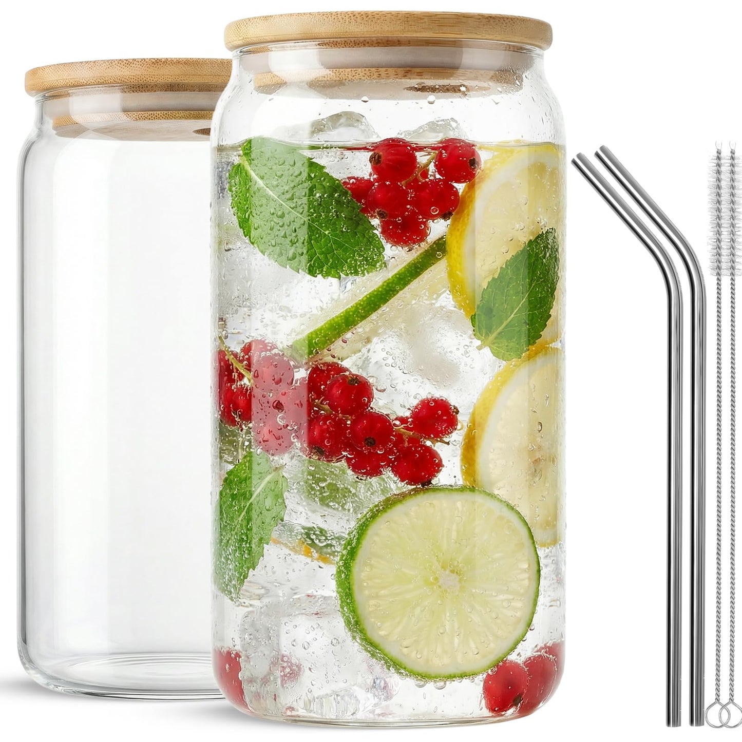 ASKIZ 2 Pcs Glass Cups With Bamboo Lids and Straws,16Oz Ice Coffee Cup,Drinking Glasses Cups Set,Water Bottles Glasses for Juicing,Beer,Coffee,Soda,Tea-Glass Tumbler Reusable for Gifts