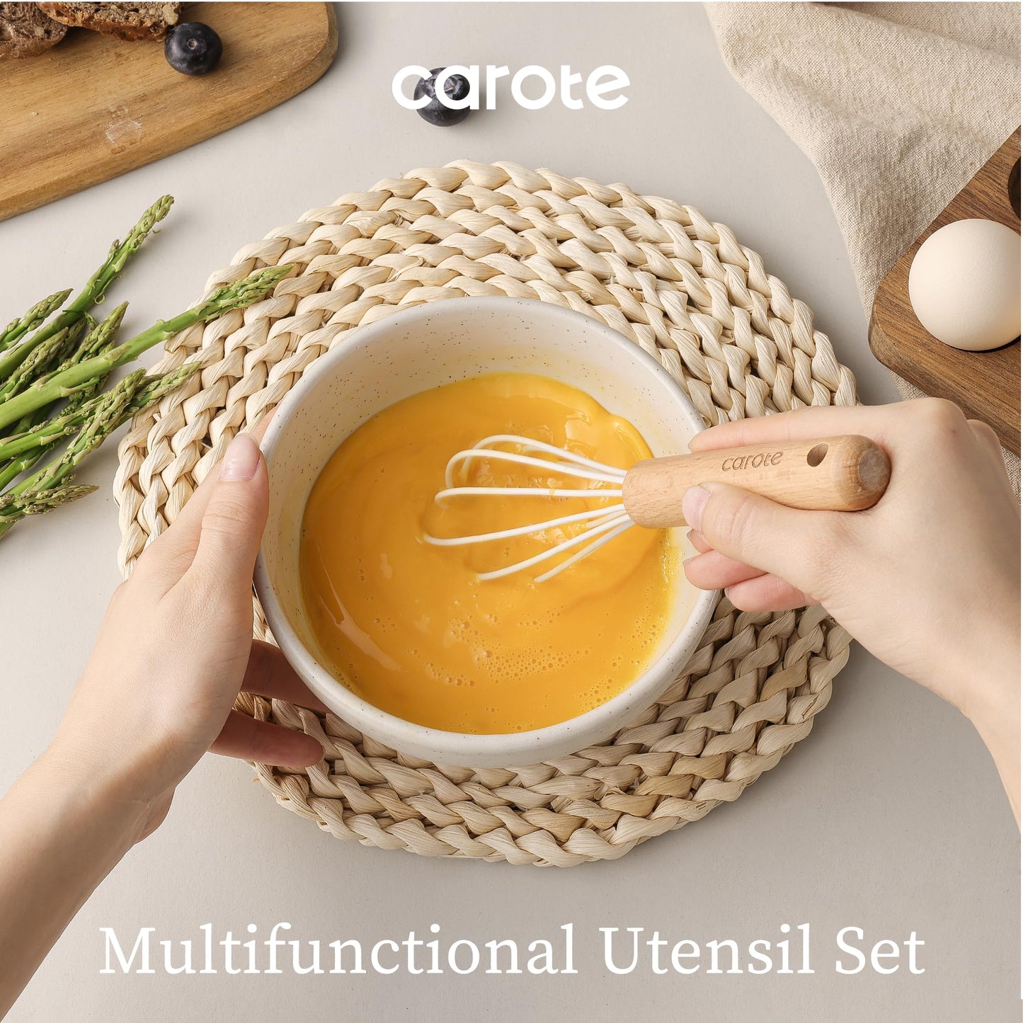 CAROTE Silicone Cooking Utensils Set for Nonstick Cookware, 446°F Heat Resistant Kitchen Utensil Set with Wooden Handle 10pcs, Spatula, Turner, Spoon, Tongs, Whisk
