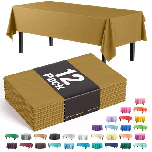 Exquisite 12-Pack Premium Plastic Tablecloth Pack of 12 Premium Plastic Tablecloth 54 Inch x 108 Inch Rectangle Table Cover - Gold
