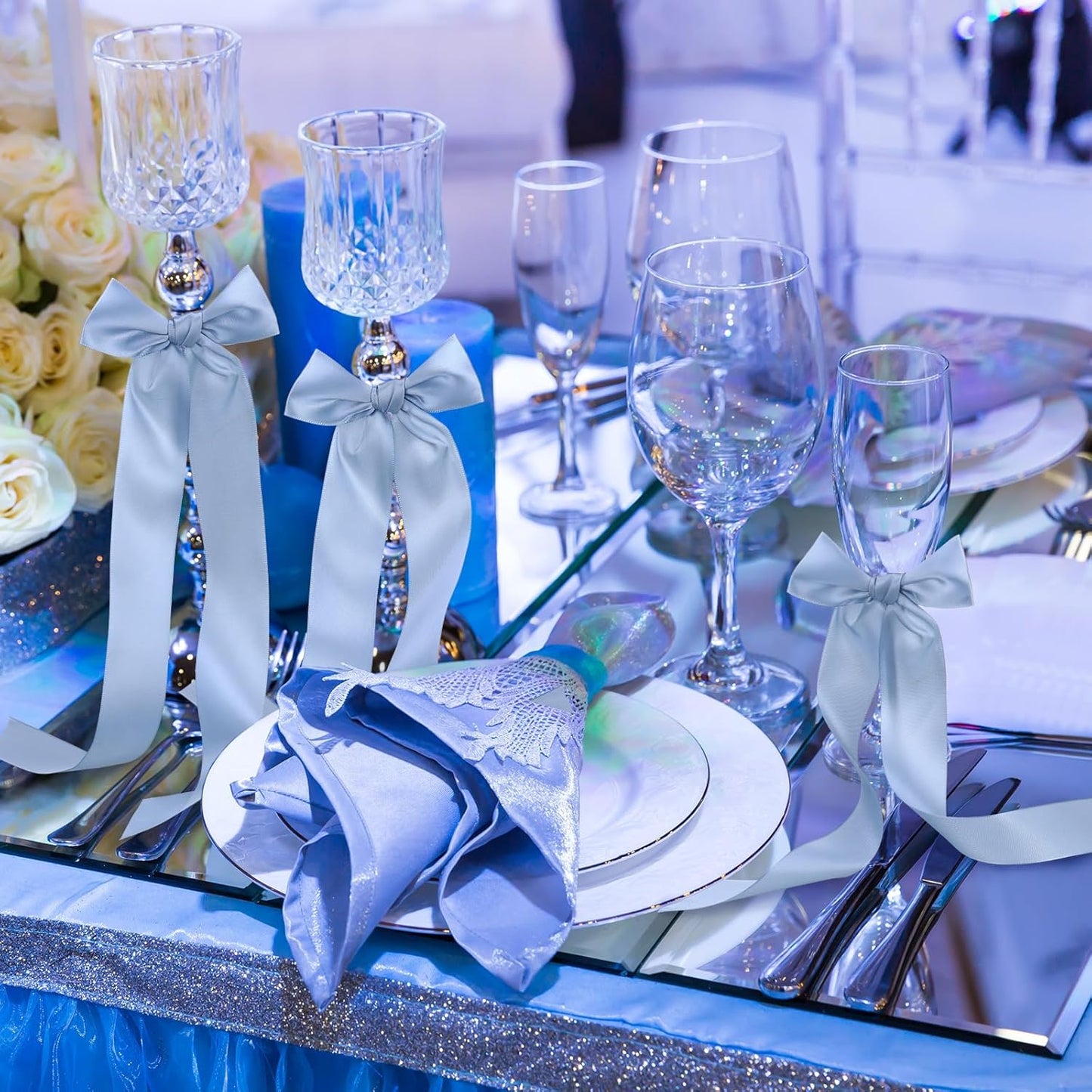 Teenyyou 12 Pcs Dusty Blue Candlestick Bows - 13 Inch Large Coquette Table Decor for Weddings & Parties