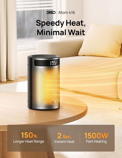 DREO Portable Space Heater - 1500W PTC Ceramic with Thermostat, Remote & Eco Mode | Ideal for Office & Bedroom