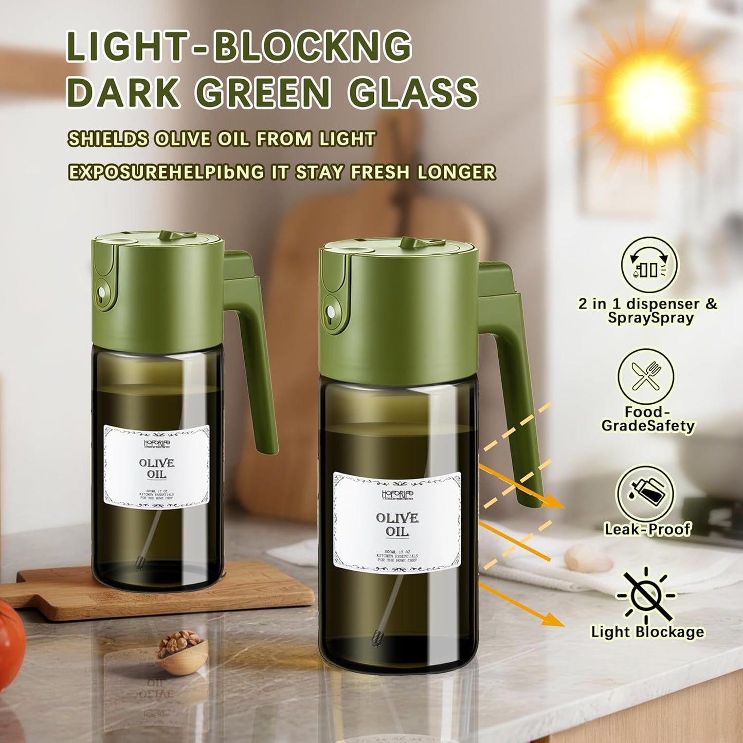 Skiennix Olive Oil Dispenser Bottle - 2 In 1 Sprayer for Cooking | 17oz/500ml, Light Blockage, Green