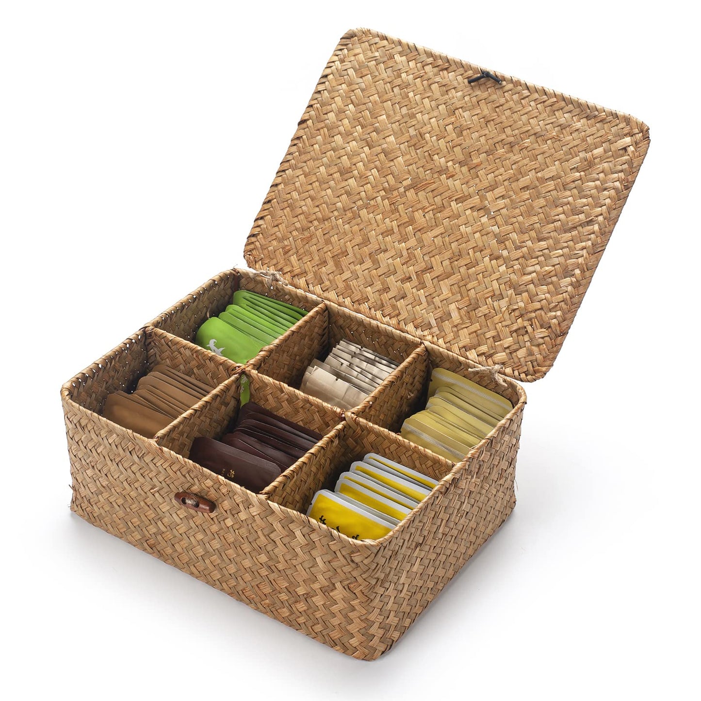 Tea Bag/Sugar Packet Holder, Coffee Station Condiment Organizer, Seagrass Storage Basket, Wicker Rattan Divided Basket Organizer for Drawer/Shelf/Countertop
