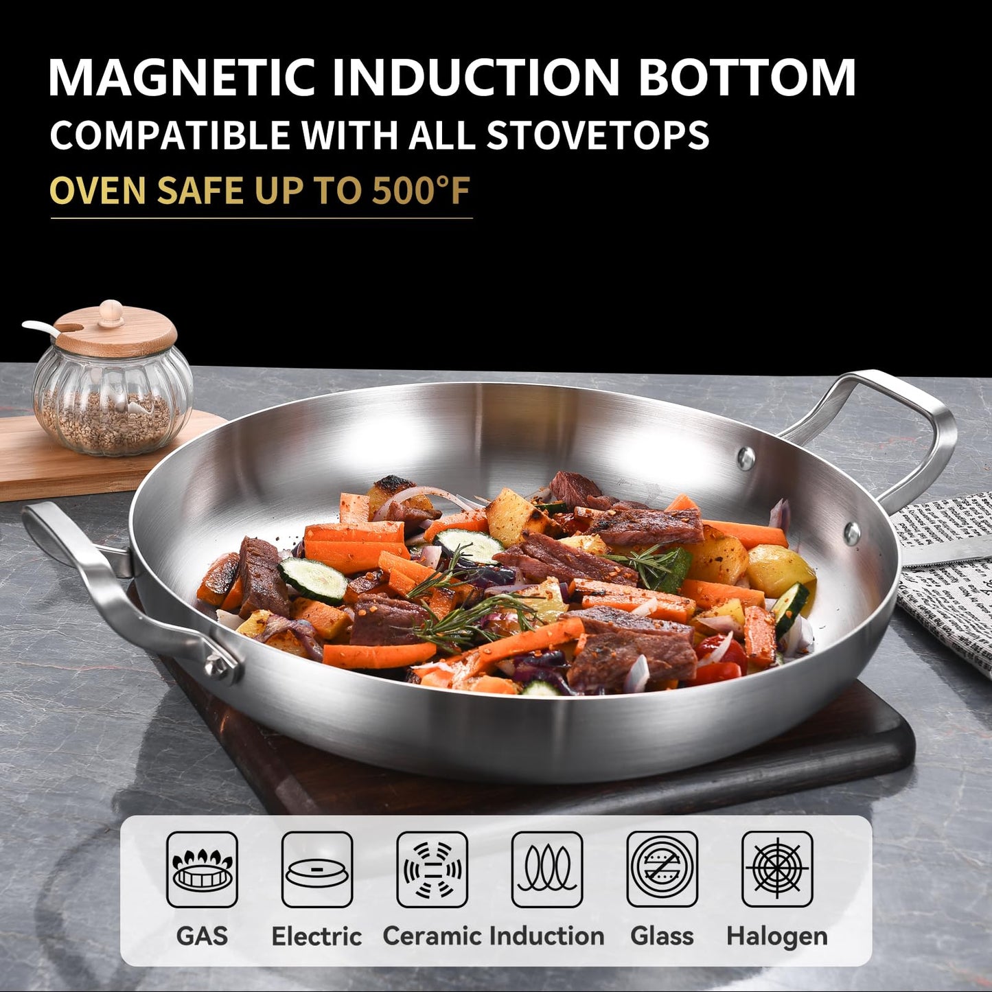 Inqibee 13-Inch Tri-Ply Stainless Steel Paella Pan,Large Skillet,Griddle Pan,Large Frying Pan,Jumbo Cooker,Induction Cookware,Dishwasher and Oven Safe.