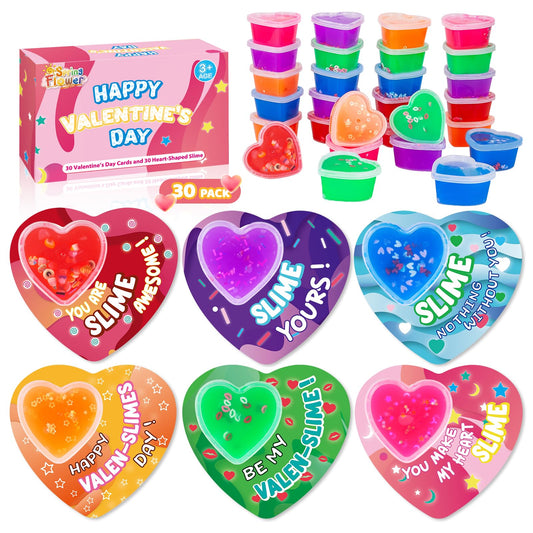 SpringFlower 30 Pack Valentines Day Cards For Kids With Heart Shape Slime Toys, Kids Classroom Valentines Exchange Gifts, Valentines Party Favors For Kids, School Classroom Valentine's Prizes