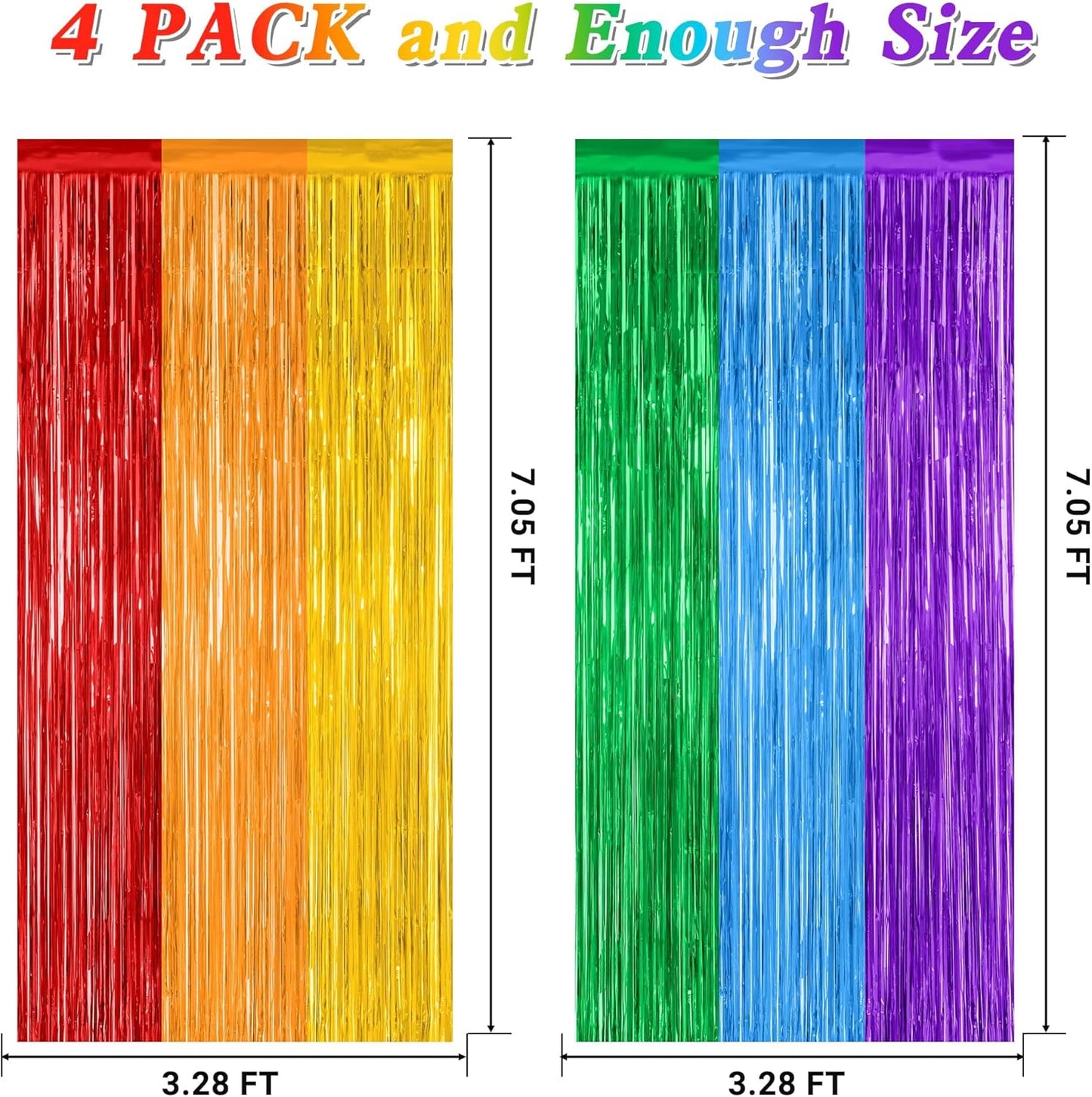 ZATAYE Rainbow Backdrop | 4 Pack Metallic LGBT Party Decorations - 3.28 FT x 7.05 FT Tinsel Streamers