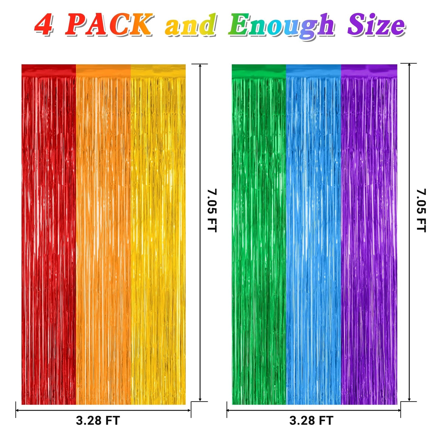 ZATAYE 4 Pack Pride Decorations, 3.28 FT x 7.05 FT Rainbow Backdrop, Metallic LGBT Party Decor Foil Tinsel Party Streamer Backdrop Curtains, Rainbow Curtains Birthday Photo Booth Props