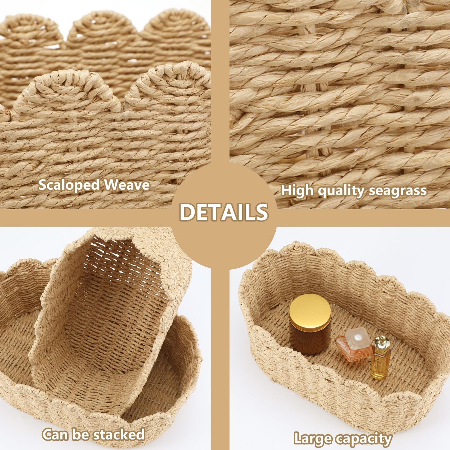 Kritkin 2 Pcs Scalloped Basket Set Hand-woven Baskets with Scalloped Design, 16 x 10 x 7 Inch & 14 x 8 x 6 Inch for Living Room Bedroom Laundry Nursey Storage