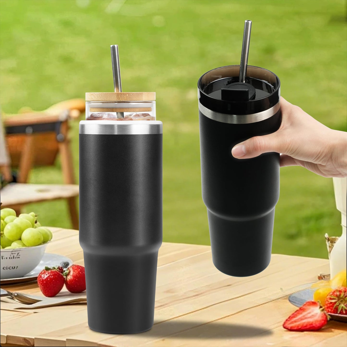 YJGS 30oz Glass Tumbler with Lid and Straw, Insulated Tumbler with Glass Insert, Iced Coffee Cup Reusable Water Bottle Travel Coffee Mug, Water Tumbler with Straw, Sweat Proof & BPA Free