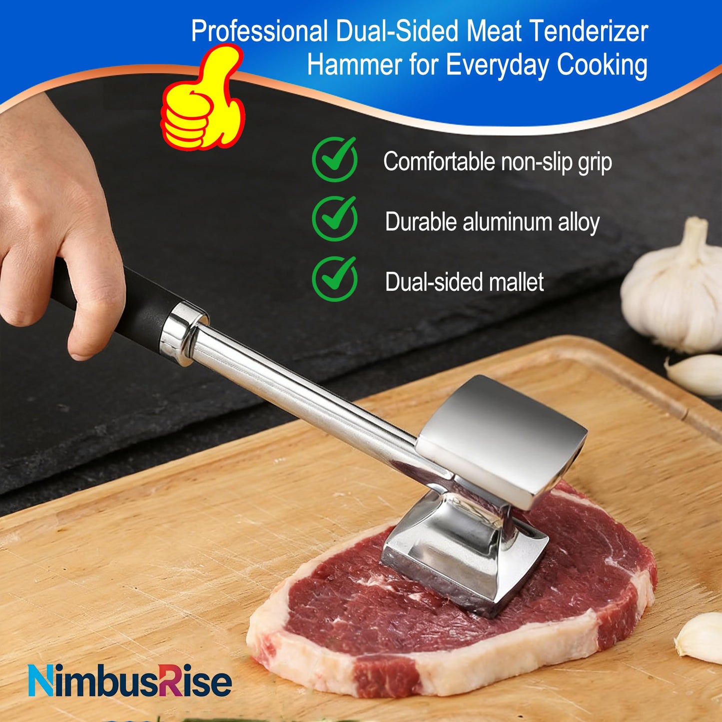 Meat Tenderizer Hammer, Dual-Sided Aluminum Alloy Mallet with Non-Slip Comfort Grip – Heavy Duty Kitchen Pounder for Steak, Beef, Chicken, Fish & More