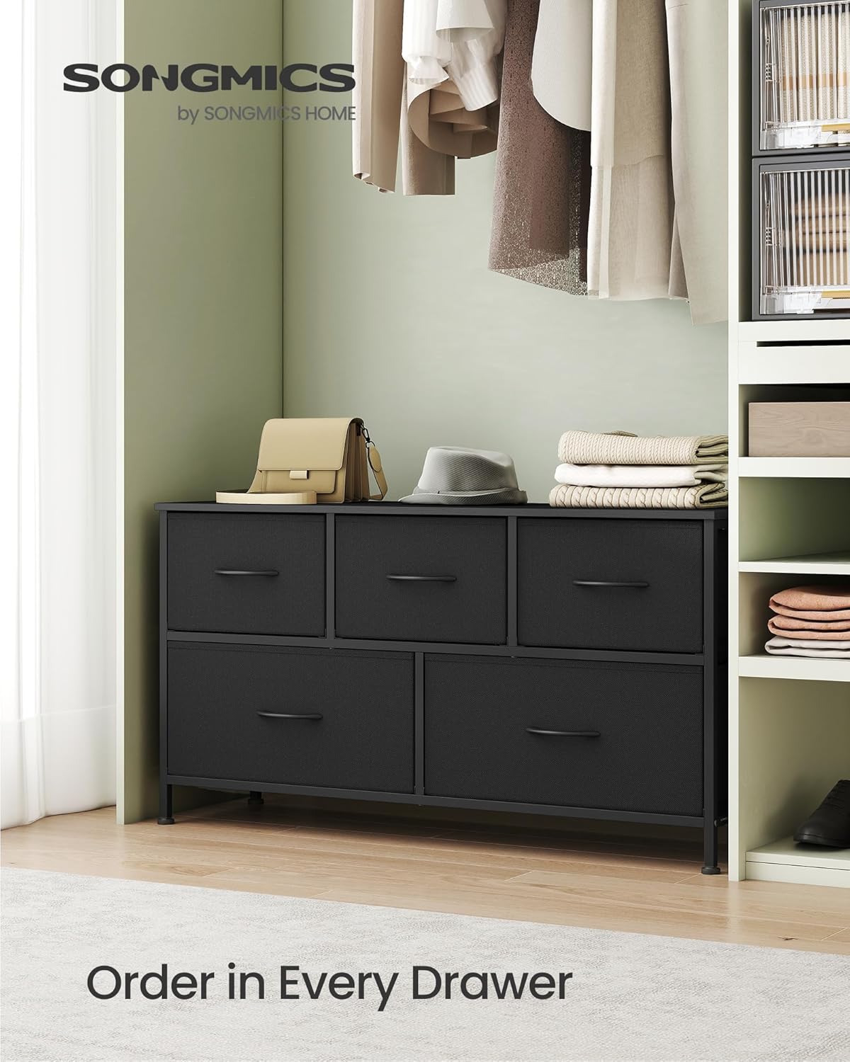 SONGMICS Dresser - 5-Drawer Storage Organizer Unit in Ink Black & Ebony Black | Steel & MDF Construction