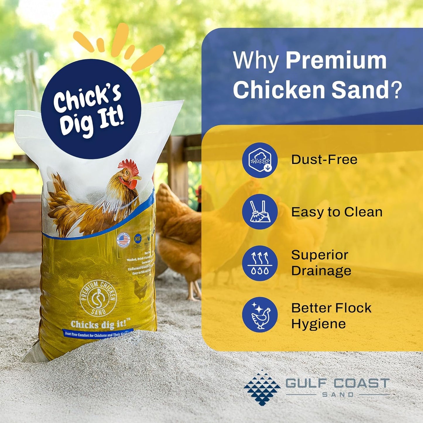 Premium Chicken Sand - Dust-Free, Odor-Control Bedding for Coops & Nesting Boxes | 50 lbs (8-Pack)