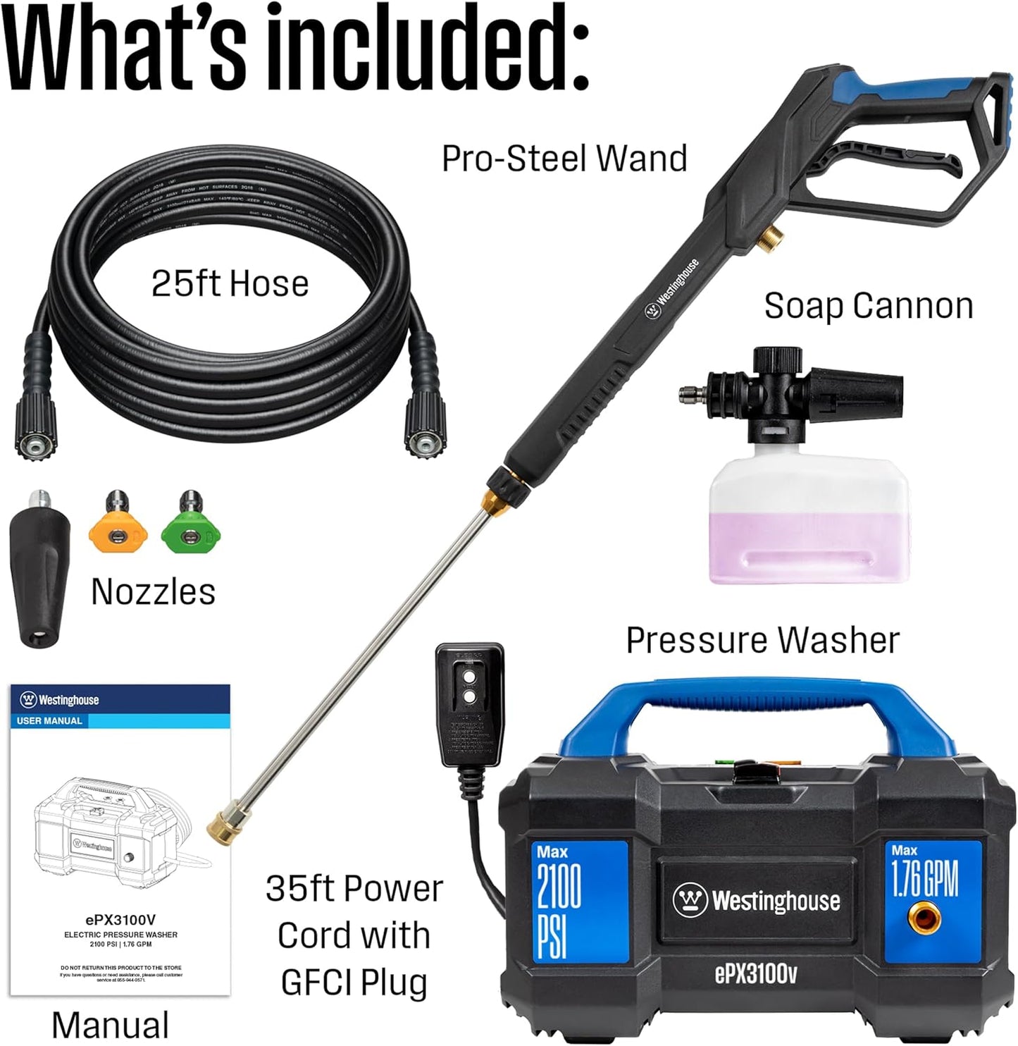Westinghouse ePX3100v Electric Pressure Washer - 2100 PSI, 1.76 GPM, Foam Cannon & Steel Wand Included