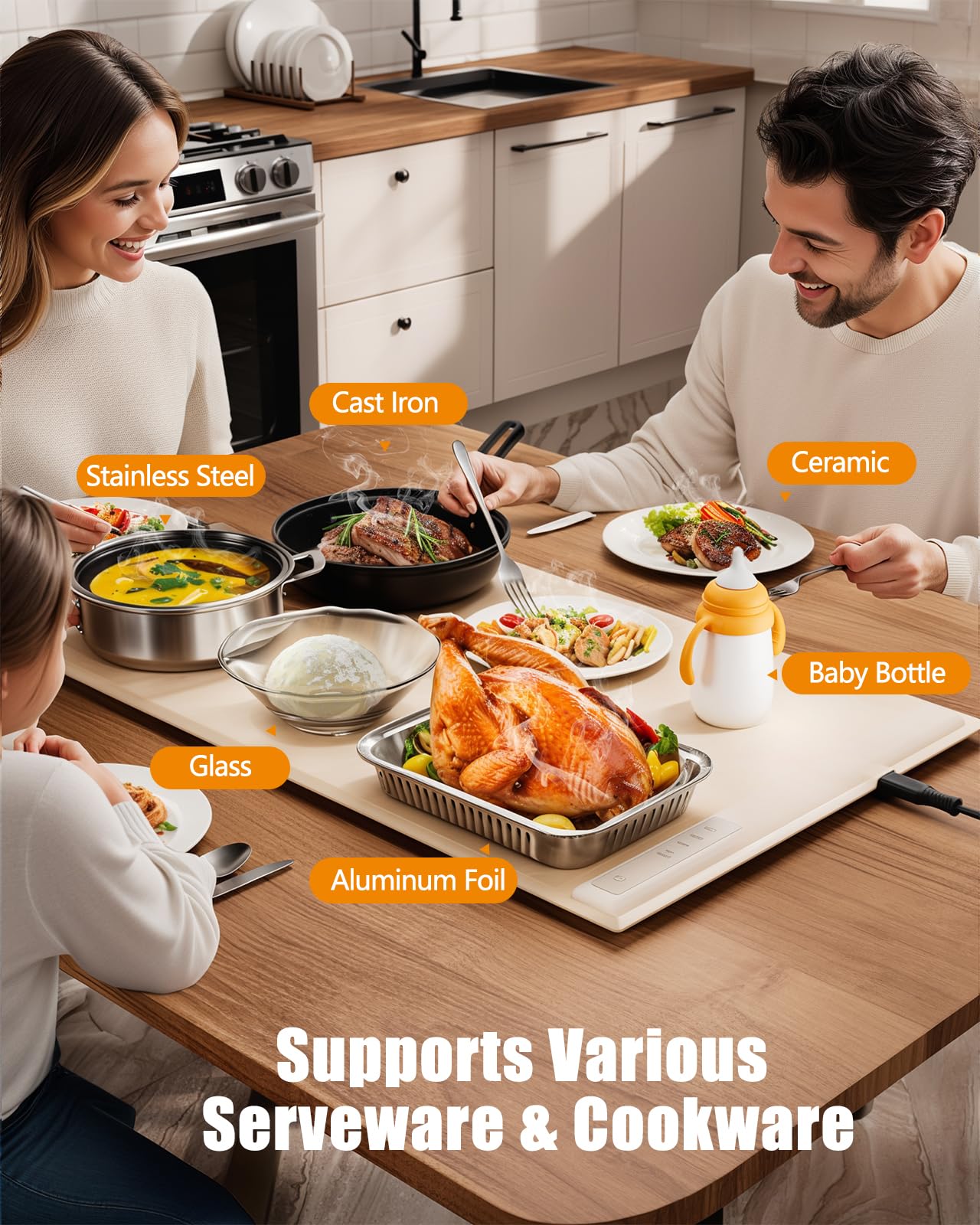 FULSUNT Warming Mat for Food, Rapid Heating Electric Warming Tray with 3 Temperature Settings, Portable Nano Silicone Food Warmers for Parties, Buffets, Gatherings, Kitchen Warming Mat for Countertop