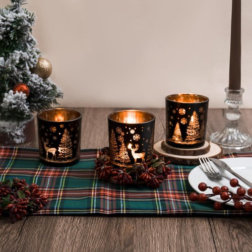 Black And Gold Glass Tealight Candle Holders Set Of 3 | Christmas Elk, Tree, Snowflake Design