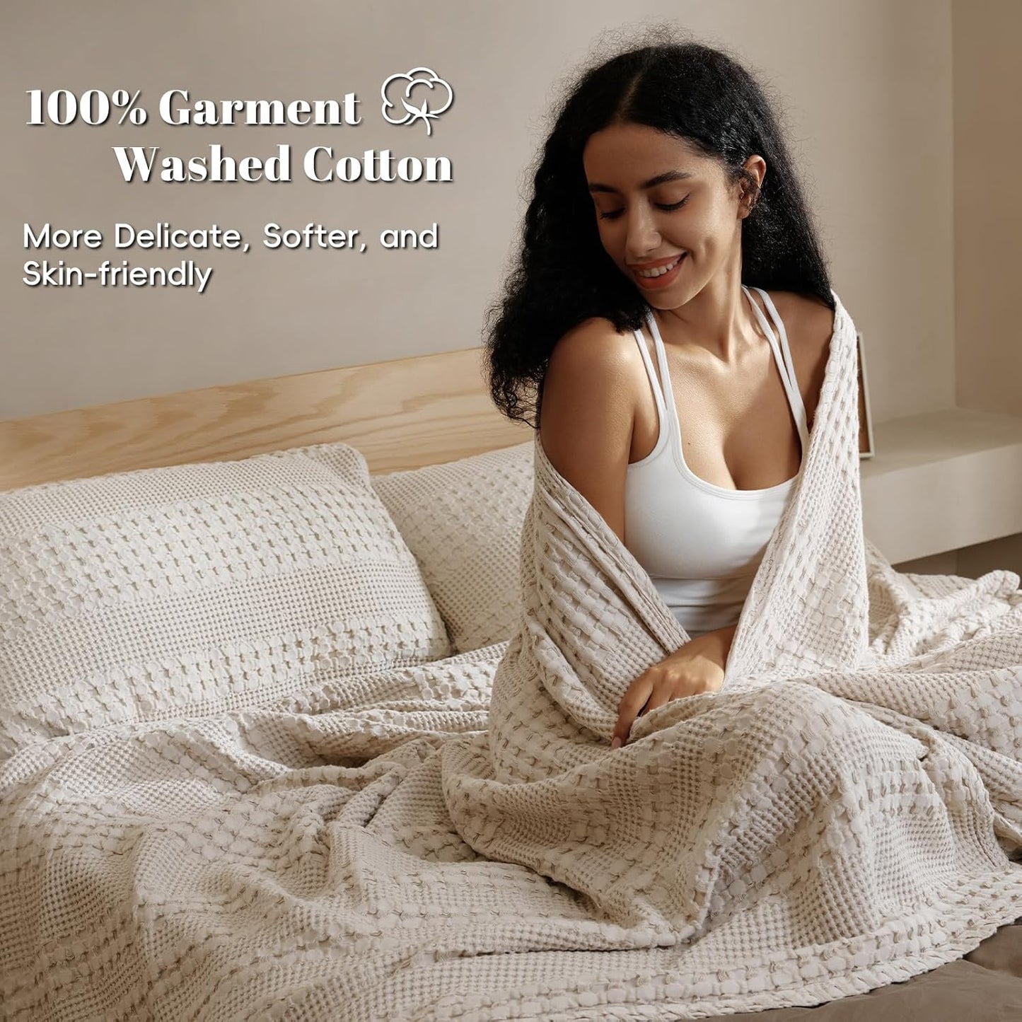 PHF 100% Cotton Waffle Weave Blanket - Soft, Lightweight & Breathable Queen Size | Light Taupe/Oatmeal, All-Season Comfort