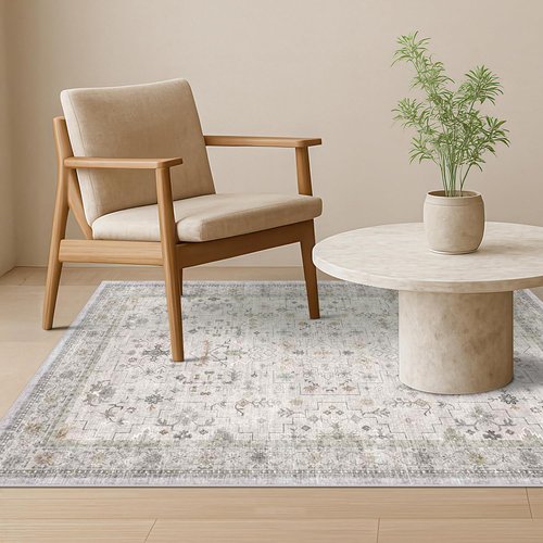 Hazo Haus Boho 4x6 Living Room Rug - Light Grey Vintage Floral Design | Washable Non-Slip Area Rug for Home