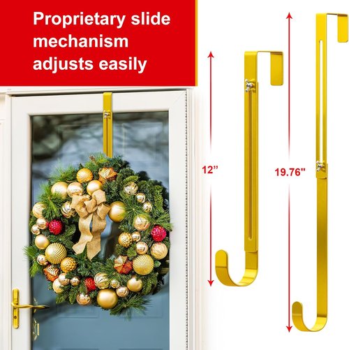 Gold Wreath Hanger - Adjustable Over The Door Hook (15-25 Inch) | Heavy Duty Metal Holder for Seasonal Decor